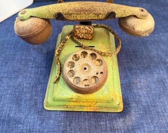 Vintage Tin Toy Rotary Phone Coin Bank Green