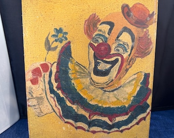 Raro dipinto originale di un clown della metà del XX secolo, firmato dall'artista M. Lake.