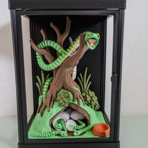 May include: A detailed terrarium diorama featuring a green and yellow snake coiled around a brown tree. The scene includes a nest with eggs and baby snakes, set in a black framed display case. A small orange bowl is also present.