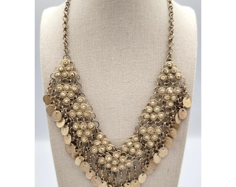 Vintage Filigree Coin Dangle Bib Ethnic Necklace Boho Belly Style Silver Tone