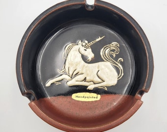 Cenicero de unicornio de gres vintage Otagiri pintado a mano en negro óxido, original de Japón.