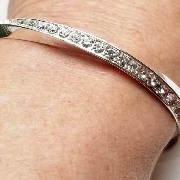 Twisted Silver Tone, Clear Rhinestone, Hinged Bangle Bracelet, Costume Jewelry Gift For Her on Etsy