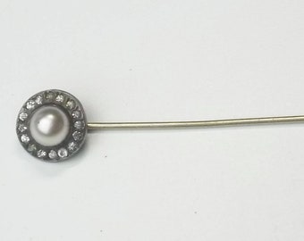 Vintage Sterling Silver, Genuine Pearl & Rhinestone 1920's Hat Pin. Hair Pin, Scarf Pin, Lapel Pin, Gift For Her