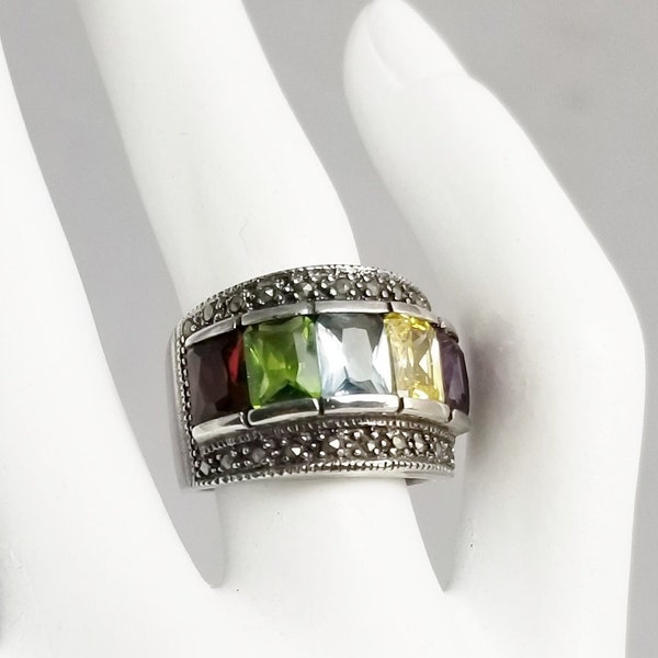 Vintage Sterling Silver Wide Band, Emerald Cut Crystal Marcasite Ring, Garnet Red, Purple Amethyst, Yellow, Aqua Blue & Mint Green