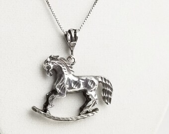 Sterling Silver Rocking Horse Pendant Necklace, Long Box Chain, Vintage Fine Jewelry Gift For Her Gift on Esty