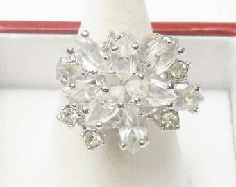 Vintage 1970's 18KT White Gold Plate Crystal & Rhinestone Large Cluster Cocktail Ring Costume Jewelry Gift For Her