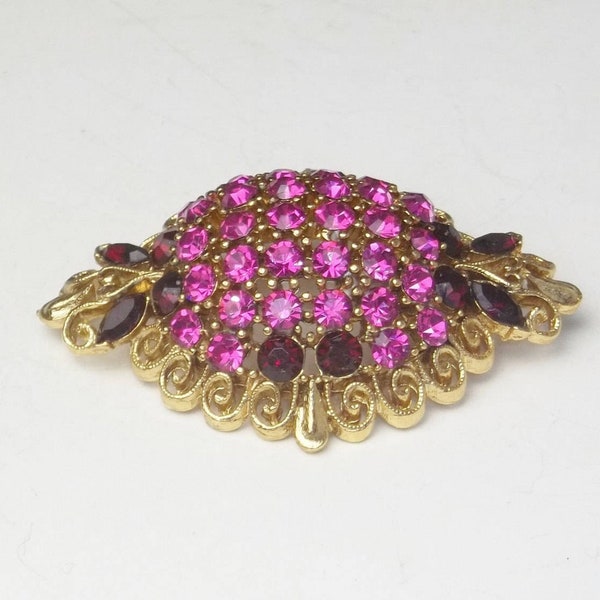 Designer Lisner Dome Statement Brooch, Red & Fuchsia Rhinestones, Vintage 1950's Hollywood Glamour Costume Jewelry