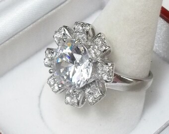 Vintage 1980's Cocktail Ring, Large Round Cut Crystal, 925 Sterling Silver Fine Jewelry, Size 9 Gift For Her