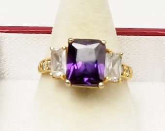 1970s Gold Plated Crystal Ring: Purple Rectangle Stone, Size 8