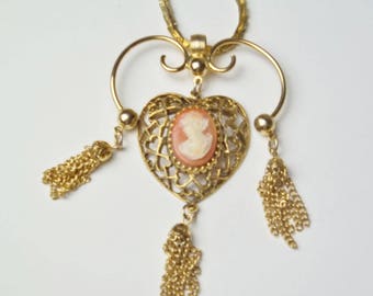 Cameo Lavalier 1950's Vintage Mid Century NECKLACE Pendant Tassel Dangle Heart Costume Jewelry Valentines Day Gift For Her Best Deal