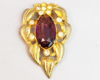 Large Faceted Purple Glass Crystal, Clear Rhinestones on Gold Metal Dress / Fur Clip, 1950's Vintage Costume Jewelry