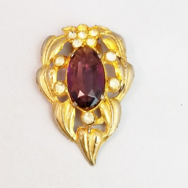 Large Faceted Purple Glass Crystal, Clear Rhinestones on Gold Metal Dress / Fur Clip, 1950's Vintage Costume Jewelry
