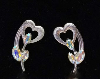 Vintage 1950's Sterling Silver Heart Earrings Signed Star Art, Marquise AB Rhinestones, Screw Backs, Fine Jewelry Gift For Her