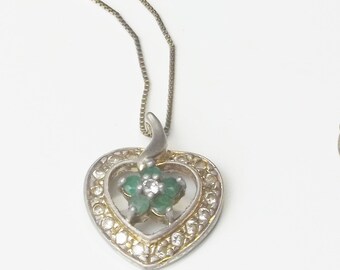 Sterling Silver and Gold, Round Cut Chrysoprase Gemstones & Crystals Heart Pendant, Signed, Vintage Fine Jewelry Necklace