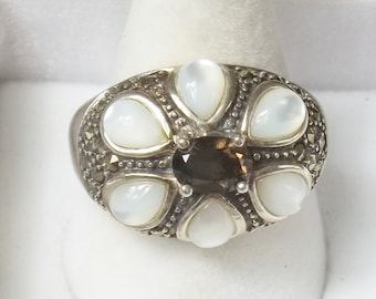 Vintage Sterling Silver Ring, Smoky Quartz, Teardrop Moonstones, Marcasite Fine Jewelry, Gift For Her