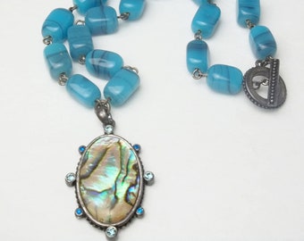 1960's Vintage Necklace, Abalone Shell Silver Pendant, Glass Beads, Teal Blue Rhinestones Costume Jewelry Gift For Her on Etsy