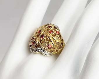 Vintage Red Crystal Cocktail Ring: Gold Vermeil 925 Sterling Silver, Size 7 sb