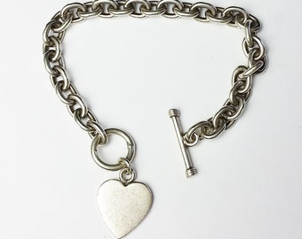 Sterling Silver Chunky Thick Chain Heart Charm Bracelet, 32 grams,  Vintage Fine Jewelry, Perfect For Engraving, Gift For Her