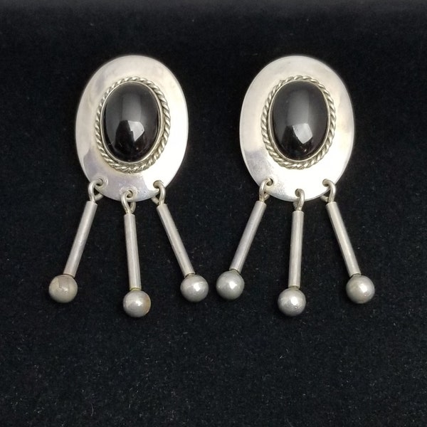 Sterling Silver Bezel Set Black Onyx Tube & Ball Dangles, Pierced Earrings, Hallmarked, Mexico Fine Jewelry