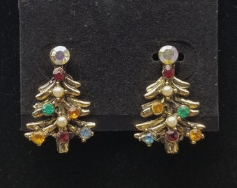 Vintage Colorful Rhinestone Christmas Tree 1950's Costume Jewelry Clip Earrings Gift For Her