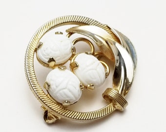 1950's 12K GF Milk White Glass Scarab Brooch, Fine Costume Jewelry Pin, Gift For Her