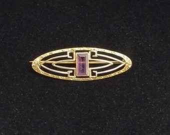 Antique Large Rectangle Cut Amethyst Solid 10K Rose Gold Victorian Brooch, Fine Jewelry Pin