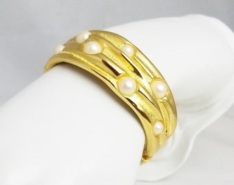 Vintage Wide, Chunky Gold & Faux Pearl Clamper Hinged Bangle Bracelet, Costume Jewelry Gift For Her on Etsy sb