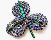 Signed Weiss Vintage 1940 39 s Blue Rhinestones, Emerald Green Baguettes, Clover Brooch Glamour Girl Costume Jewelry