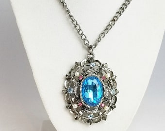 Large, Chunky, Bold Rhinestone Pendant With Foil Back on a Thick Chain, Costume Jewelry Statement Necklace