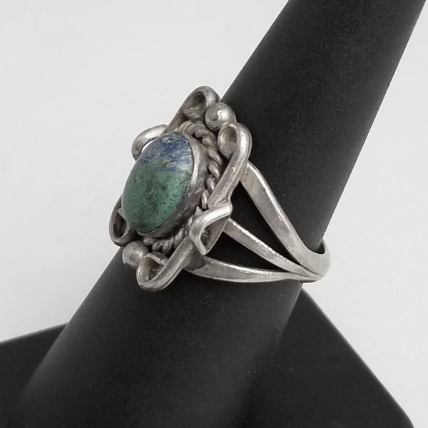 Mid Century 1970's Vintage Ring Sterling Silver, Bezel Set Blue & Blue Green Agate, Fine Jewelry Ring