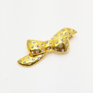 Vintage Rhinestone Shiny Gold Ribbon Bow Brooch - Costume Jewelry Pin - Gift For Her