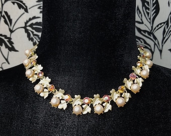 Aurora Borealis Rhinestones, White Enamel Leaves & Simulated Pearl Necklace, 1950's Old Hollywood Glamour Costume Jewelry On Etsy SB