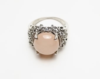 Signed Karis Pink Simulated Moonstone Ring, Clear Crystals in Silver Tone Scroll Setting, Size 10.25 Costume Jewelry Gift For Her