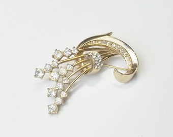 Vintage Rhinestone Flower Spray Brooch, 1940's Old Hollywood Glamour Costume Jewelry Pin, Gift For Her or Mom