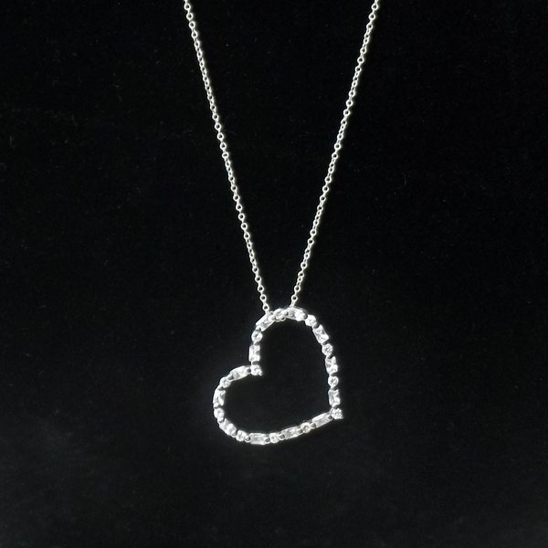 1980's Vintage Sterling Silver, Cubic Zirconia CZ Stones, Floating Heart Pendant, Fine Jewelry Necklace Gift For Her