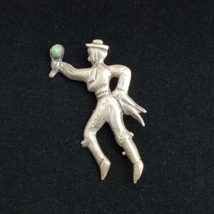 1960&#39;s Mexico Silver, Figural Matador / Bull Fighter Brooch w/ Turquoise Accent Stone