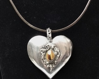 Sterling Silver Hand Wrought Massive Heart Pendant With Large Oval Yellow Cat's Eye Stone On Sterling Choker Fine Jewelry