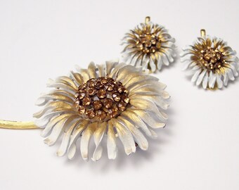 Vintage Gold & White Enamel Zinnia / Daisy Flower Rhinestone Brooch, Earrings, Costume Jewelry Demi Parure Gift For Her on Etsy