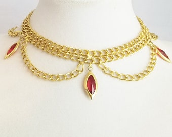 Red Marquise Cut Dangle Drop Stones, Triple Gold tone Chains, Choker Necklace, Vintage Costume Jewelry SB