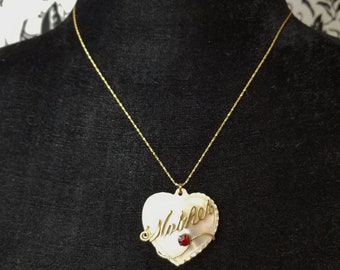 Mother of Pearl Heart Pendant w/ Red Garnet Rhinestone 14 K Gold Filled Chain & Trim Vintage Necklace