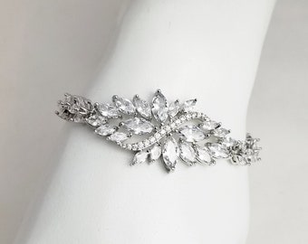 Vintage BRACELET- Marquise Cut, High Quality Clear Crystals, Rhodium Plate, Wedding / Brides Bracelet, Costume Jewelry sb