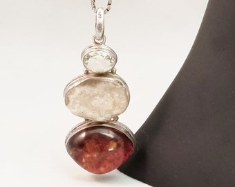 Sterling Silver Chain with Amber, White Druzy Geode & White Spinel Large Pendant Bezel Set in Sterling Frame Signed WN