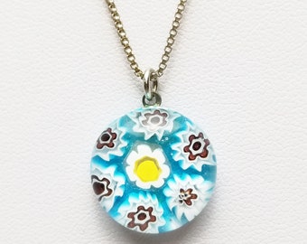 Vintage Italian Millefiori Art Glass Flower Pendant on Sterling Silver Box Chain, Fine Jewelry Gift For Her, Gift Under 40 Dollars on Esty