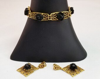 Vintage Black Rose Goldette NY Bracelet and Earrings Demi Parure Costume Jewelry Set