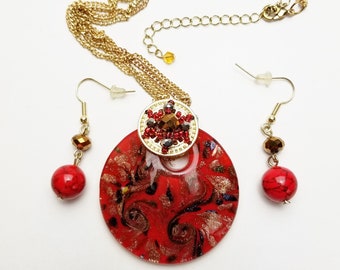 Blood Red Art Glass & Crystal Pendant Necklace with Double Gold Chains Matching Earrings Jewelry Set, 1980's Costume Jewelry on Etsy