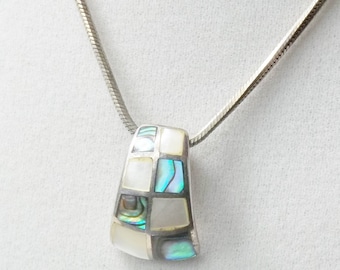 Sterling Silver Snake Chain - MOP - Abalone - Inlay Pendant 1970's Fine Jewelry Necklace Gift For Her