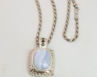 Sterling Silver Designer Judith Ripka Sky Blue Agate & Sapphires Pendant, Thick Sterling Rope Chain Total Weight 36.9 grams