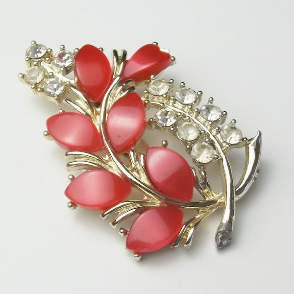 Vintage 1950's Brooch Gold Flower Spray, Red Lucite, Clear Rhinestones Costume Jewelry Gift For Her, Gift Under 30 Dollars on Etsy