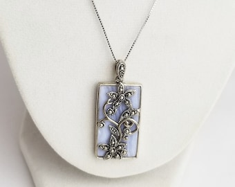 Sterling Silver Sky Blue Agate & Sterling Flower Vine Pendant on a Sterling Silver Box Chain Fine Jewelry SB