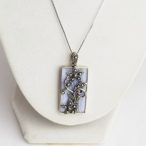 Sterling Silver Sky Blue Agate & Sterling Flower Vine Pendant on a Sterling Silver Box Chain Fine Jewelry SB
